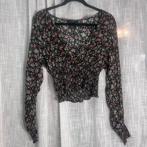 Fairy Cottage Core Cinched Waist Forever 21 Black Floral Blouse Top Size Large
